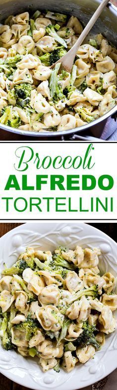 broccoli alfredo with tortellini in a skillet