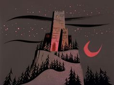 an animated castle with trees and stars in the sky at night, on top of a hill