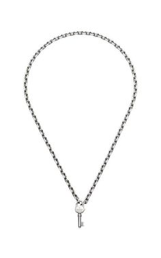 GUCCI Trademark Silver Necklace with Key YBB79634300100U.Style ‎796343 J8400 8106The Gucci Trademark line combines motifs and hexagonal bolt charms with the name of the House. From the cut-out heart to the padlock pendant, playful symbols continue to distinguish a selection of rings, necklaces, b... Gucci Jewellery, Diamond Accessories, Delicate Pendant, Golden Tree, Gucci Jewelry, Cushion Diamond, Gold Diamond Necklace, Sterling Silver Chain Necklace, Jewellery Store