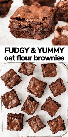 fudgey and yummy oat flour brownies on a cooling rack with the words, fudgey & yummy oat flour brownies