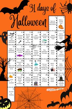 the 31 days of halloween calendar with pumpkins, bats and other decorations on an orange background