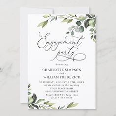 the elegant greenery engagement party card is shown in black and white with green leaves on it