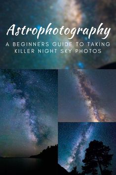 the sky is filled with stars, and there are three different pictures that show them