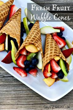 fresh fruit waffle cones on a white plate