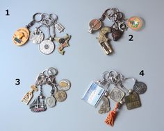 four different types of keychains are shown in this image, with the names and numbers on them