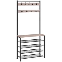 a coat rack with two shelves and hooks on the top, one shelf is open