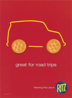 a red car with two cookies on it and the words, great for road trips