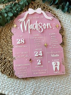 a pink baby's first year calendar on a wicker basket next to greenery