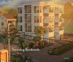 an artist's rendering of a two story apartment building with palm trees in the foreground