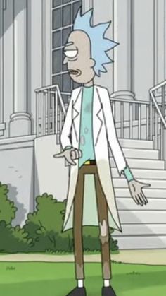 an animated character standing in front of a building