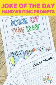 joke of the day handwriting practice for kids with pictures and text overlay that says joke of the day