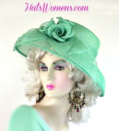 Ladies Seafoam Lime Green Sinamay Straw Dressy Wedding Church Tea Hat. This Sea Foam Lime Green Formal Dress Hat Is Trimmed With Sinamay Straw Rosette Flowers And Petals.  This Lovely Dress Hat Is Available In Burgundy, Black, Ivory, Orange, Soft Pink, Navy Blue, Orange, Yellow, Turquoise Blue, Light Lime Mint Green, Dark Chocolate Brown, Purple, Lime Seafoam Green, Peach, And Red, This Is A Stunning Hat For The Horse Races.

This dress hat is suited for Spring, Summer And Fall.

Material: Sinam Wide Brim Hat Women, Tea Hat, Special Occasion Hats, Mother Of The Bride Hats, Bespoke Hats, Horse Races, Green Formal Dresses, Occasion Hats, Pretty Hats