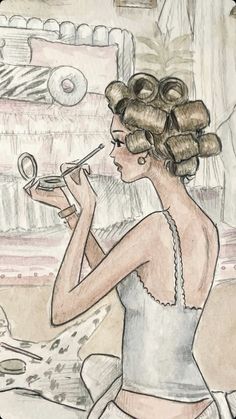 a drawing of a woman sitting in front of a mirror brushing her teeth with a brush