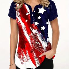 American Flag Print T-Shirt, Casual Button Front Crew Neck Short Sleeve Independence Day T-Shirt, Women's Clothing Color T Shirt, Stylish Tops For Women, Tops Trendy, Flag Outfit, Flag Pattern, Trendy Tops For Women, American Flag Print, Trendy Fashion Tops, Spring Color