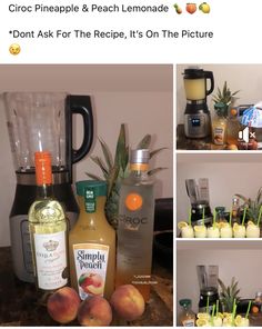 there are many different types of drinks on this counter top, including pineapples and peaches