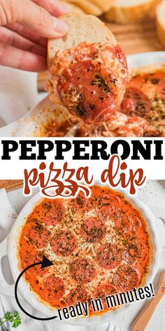 the cover of pepperoni pizza dip is being lifted from a white dish with bread