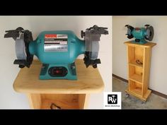 two different views of a table sawing machine on top of a wooden shelf next to a cabinet