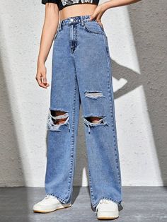 Fit Type:Loose \nDetails:Pocket \nDetails:Ripped \nDetails:Zipper \nClosure Type:Zipper Fly \nColor:Dark Wash \nPattern Type:Plain \nType:Straight Leg \nWaist Line:Natural \nLength:Long \nFabric:Non-Stretch \nMaterial:Denim \nComposition:68% Cotton \nComposition:16% Polyester \nComposition:14% Viscose \nComposition:2% Modal \nLining:100% Polyester \nCare Instructions:Machine wash, do not dry clean \nBody:Unlined \nSheer:No \n Teen Jeans, Cut Out Jeans, Old Outfits, Dream Outfits, Trendy Jeans, Moda Jeans, Jeans Casual, Cute Jeans