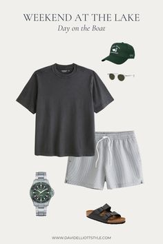 6 Outfits for a Weekend at the Lake: Boat Day Outfit with Seersucker Swim Trunks and Birkenstocks - davidelliottstyle.com Summer Fits Men 2024, Boat Outfit Men, Beach Fit Men, Boat Day Outfit, Mens Vacation Outfits, Beach Outfit Men, Capsule Wardrobe Casual, Mens Smart Casual Outfits