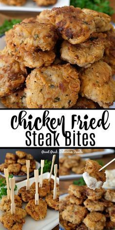 chicken fried steak bites with toothpicks on skewers