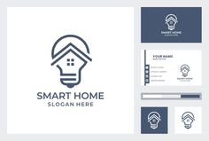 smart home logo and business card design template with house inside the light bulb, real estate symbol