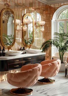 an elegant bathroom with marble floors and gold mirrors on the wall, along with two pink chairs