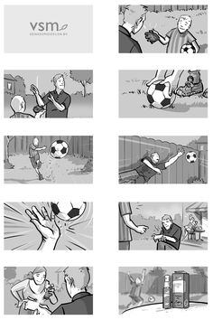 the storyboard shows different stages of playing soccer