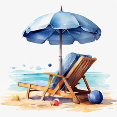 an umbrella and chair on the beach with balls in the sand below it, watercolor painting