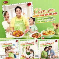 an advertisement for a chinese restaurant with two people cooking and one woman holding a child