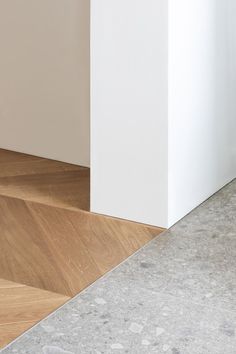 a cat sitting on the floor next to a white wall and wood flooring area