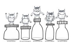 three cats are standing on top of bottles with one cat in the middle and another cat behind them