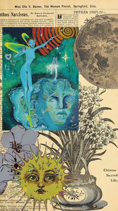 an altered collage with images of flowers, plants and a woman on the moon