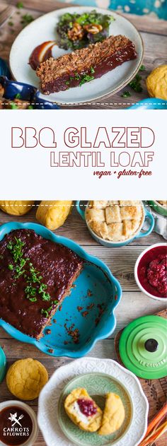 the cover of bbq glazed lentil loaf is shown with other baked goods