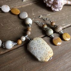 Mixed Stone Necklace, Ocean Pendant, Stone Ocean, Autumn Necklace, Coral Pendant, Set Earrings, Ceramic Earring, Fossil Coral, Coral Necklace