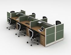 an office cubicle with three desks and two chairs