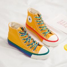 PRODUCT INFORMATION: Low heel (1-3cm) Lace-up Sole rubber material Fits true to size Women High Top Sneakers, Rainbow Sneakers, Striped Sneakers, Yellow Shoes, Women Sneakers, Shoes Woman, High Top Shoes, Rubber Heels, Canvas Sneakers