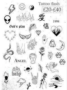 the back side of a tattoo flash sheet with various symbols and designs on it, including an