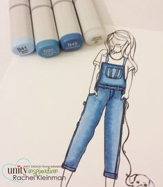 a drawing of a woman in overalls next to markers