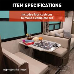 a couch and table in a trailer with the words item specfications on it