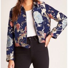 Bb Dakota Floral Jacket Blue Long Sleeve Cropped Jacket For Spring, Fitted Blue Cropped Jacket For Fall, Blue Floral Print Fall Outerwear, Blue Casual Floral Print Outerwear, Casual Blue Floral Print Outerwear, Casual Blue Cropped Jacket For Fall, Teacher Fits, Brocade Jacket, 2020 Vision