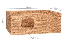 an image of a cat house made out of jute and wood with measurements for the size