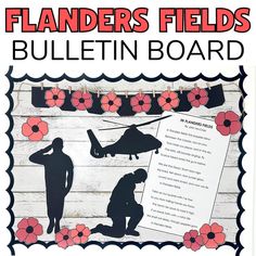 a bulletin board with the words flanderss fields bulletin board written in black and red