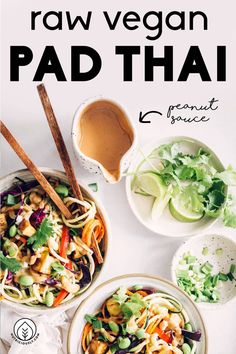 two bowls filled with vegetables and sauce next to each other on top of a white table