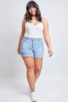 Stretch Cutoff Shorts With Pockets, Stretch Light Wash Shorts With Pockets, Fitted Light Wash Shorts With Pockets, Ymi Jeans, Destructed Jeans, L And Light, Denim Material, Natural Curves, Summer Adventures