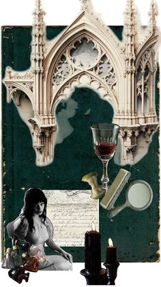 an altered photograph of a woman sitting in front of a wine glass and other items