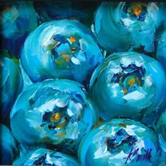 an abstract painting of blue apples in oil