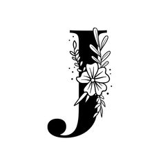 the letter j with flowers and leaves on it's lowercase is shown in black