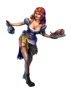 a woman dressed as a fairy holding a plate with food on it's side