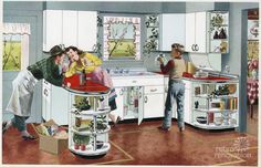 two women and a man are in the kitchen with an oven, stove, sink and refrigerator