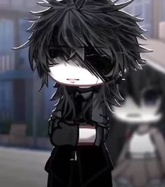 an anime character with black hair is standing in front of a building and looking at the camera